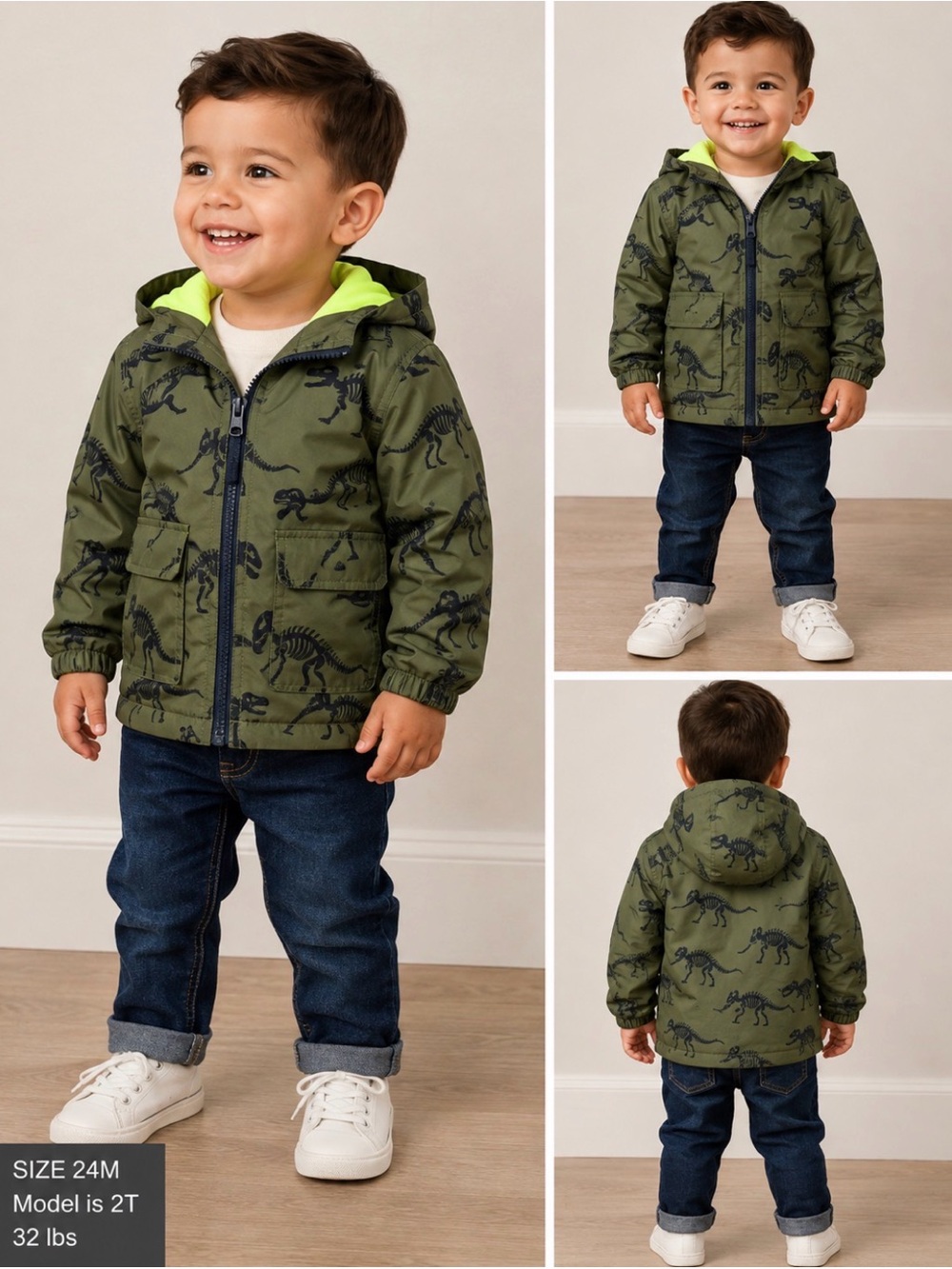 Carter's Olive Green Dino Hooded Raincoat with Neon Liner